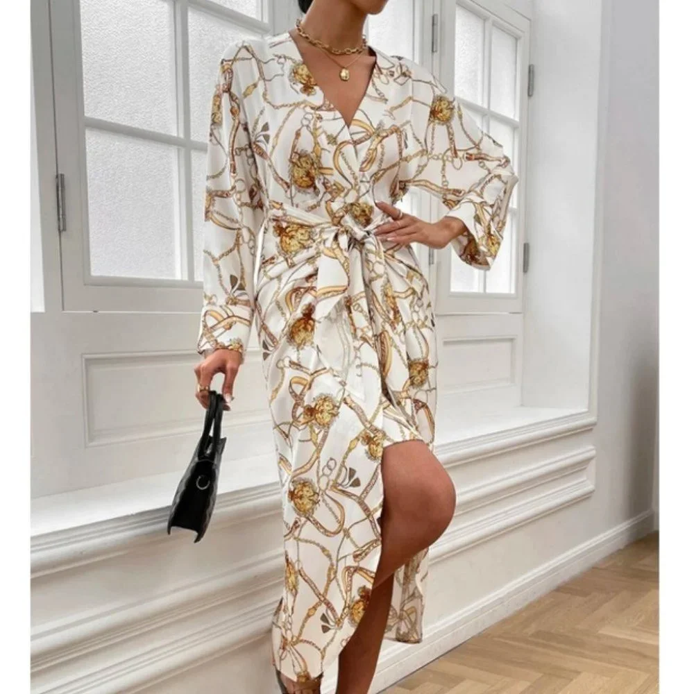 Tie Front Chain Print Asymmetrical Hem long sleeve Midi Dress - Picture 4 of 6